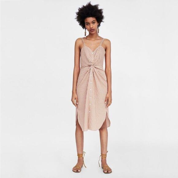 2/$30 ZARA Gingham Knotted Dress Small Orange Button Front Side Slit Midi #6972 - Picture 1 of 16
